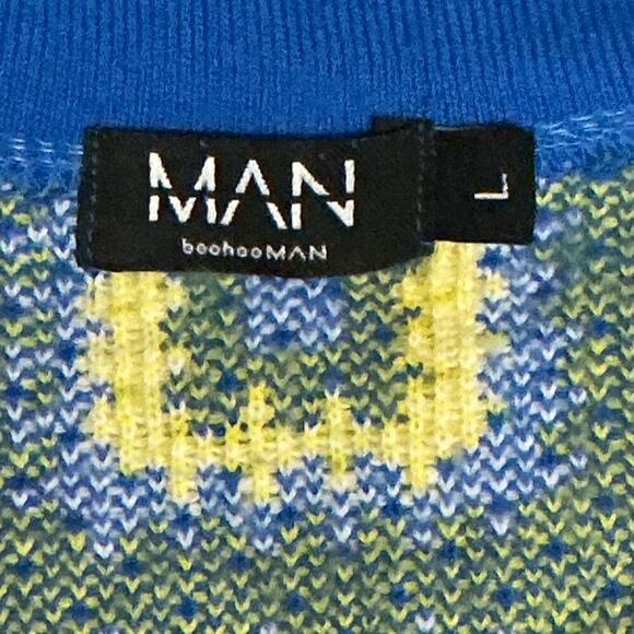 BoohooMAN Men’s Knit Sweater Top Retro Geometric Square Print Blue Yellow Size L - Picture 2 of 7